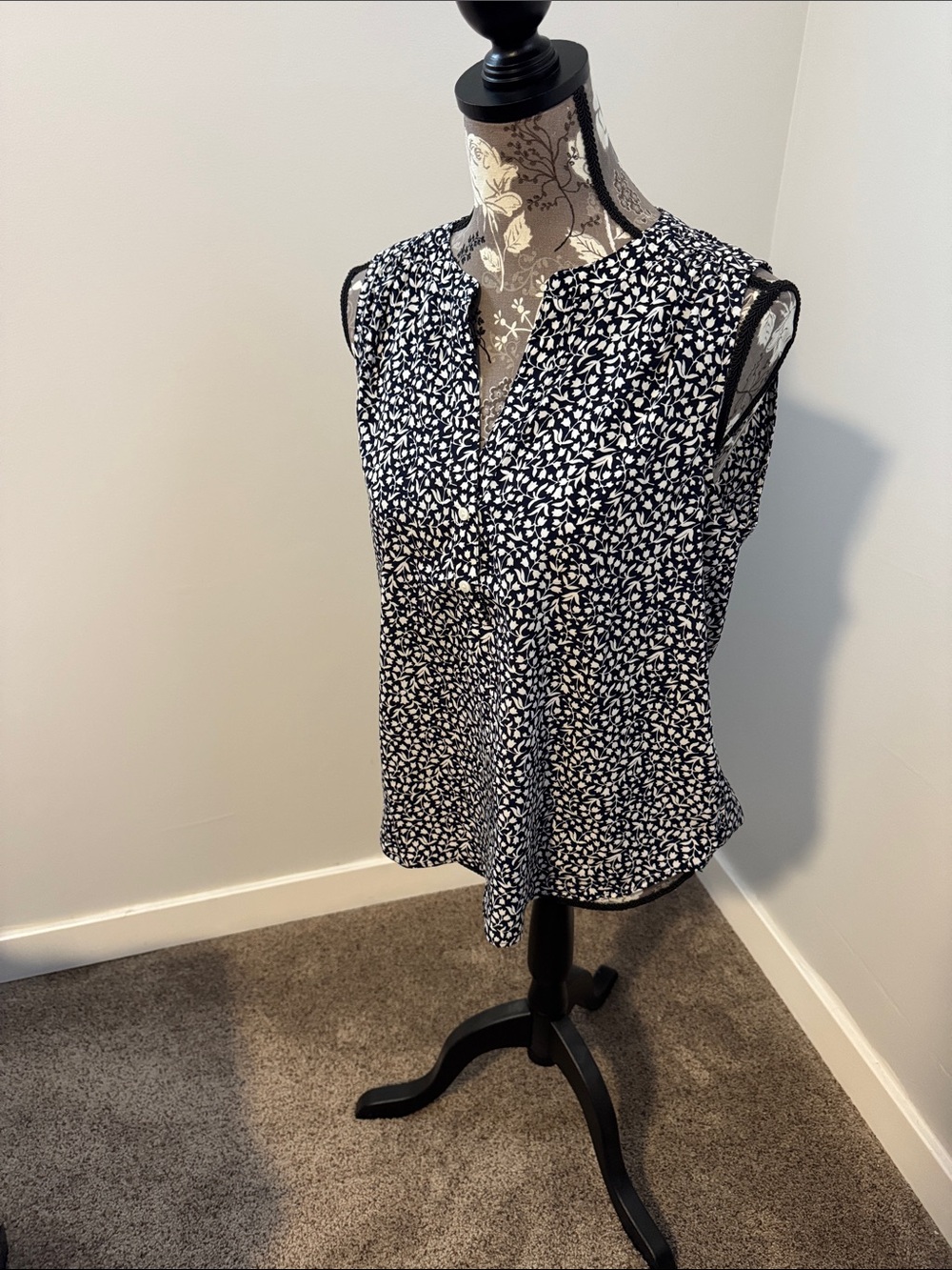 J. Crew Black and White Leaf-Print Sleeveless Blouse